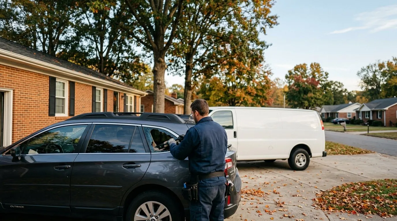 A mobile auto glass technician in navy workwear removes the shattered rear door window from a dark grey estate car on a suburban driveway, with his white service van parked behind him and autumn trees along the street.